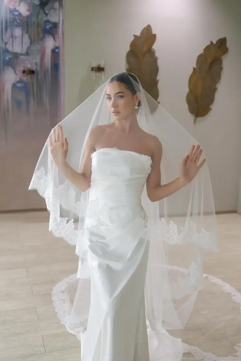 Mantilla Lace Veil ,Two Tier Bridal Veil with Lace Trim, Cathedral Long Wedding Veil with Blusher
