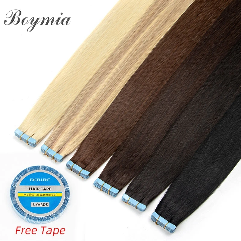 Boymia-Extensions de Cheveux Humains Remy Tape In, Noir Naturel, Machine, Invisible, 12 "-24", 20Pcs