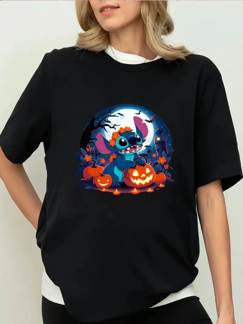 

2025 Disney Pattern Printed Women's Casual Comfortable Unique Smiling Face Black Round Neck Short Sleeve T-shirt