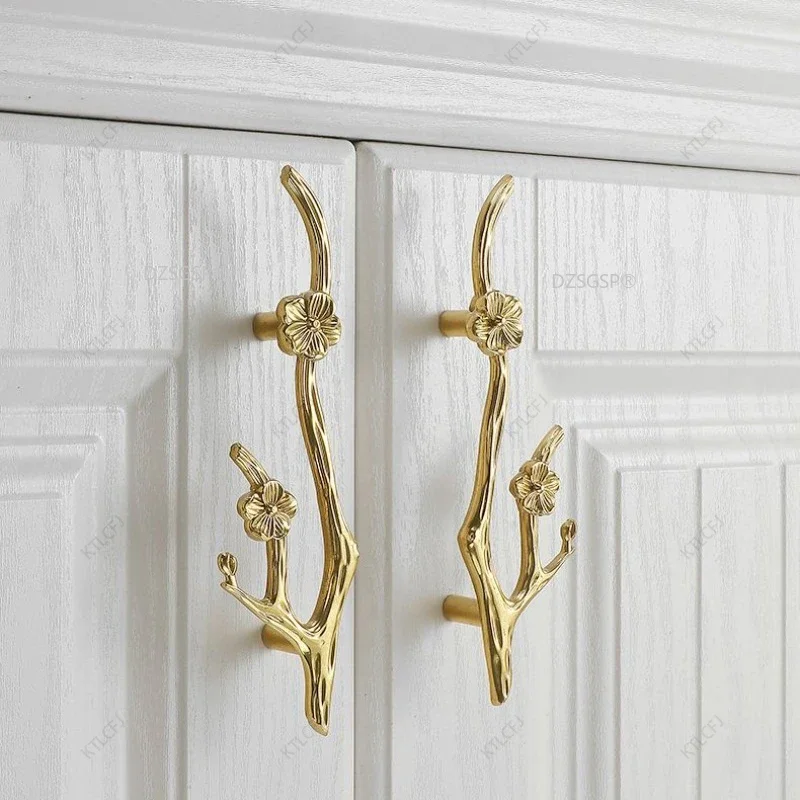 

Light Luxury Fancy Single Hole Drawer Brass Creative Branch All Copper Handle Vintage European Style Pure Copper Handle French