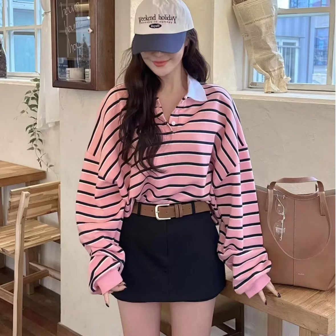 Korean Style Autumn Winter Striped Button up Color Block Thin Hoodie Ladies Casual Long Sleeve T-Shirt Flip Collar Design