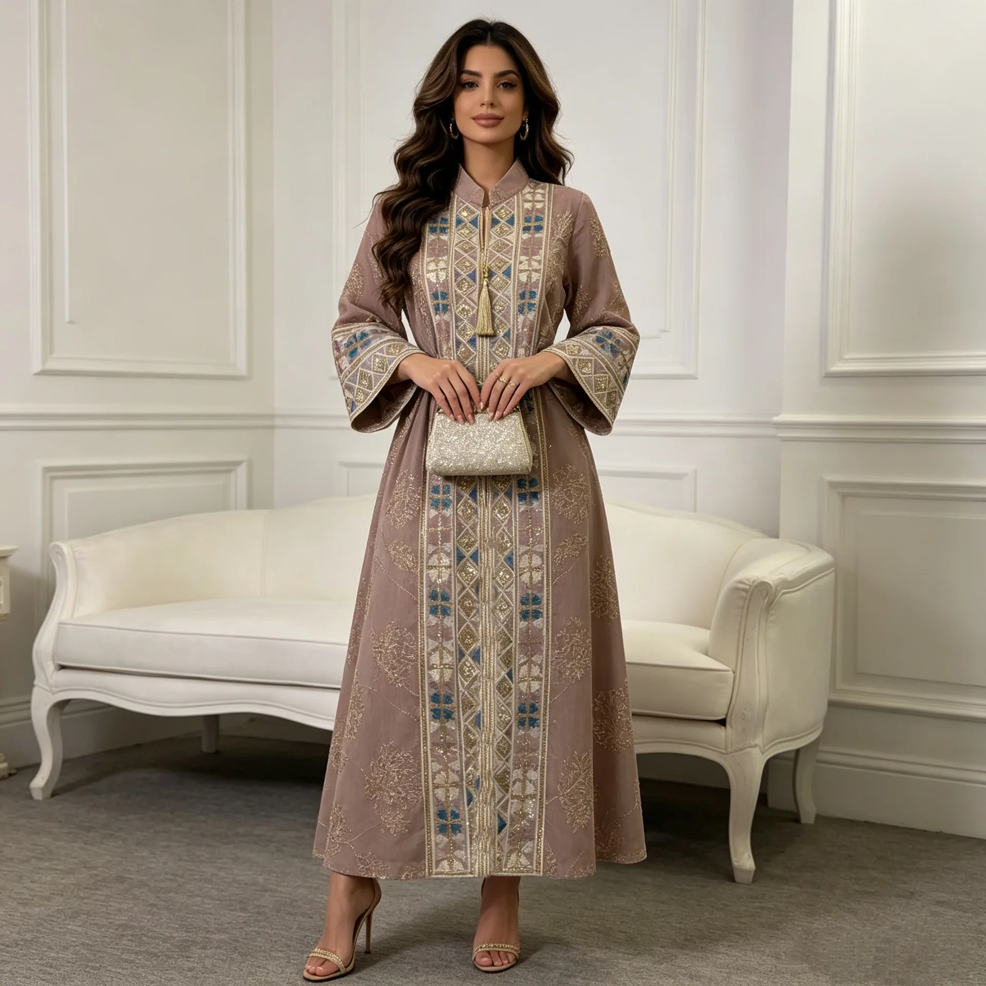 Women Eid Muslim Abaya DressParty Vestidos Kaftan Ramadan Morocco Jalabiya Dubai Islam Arab Long Robe Embroidery Dresses Tassel