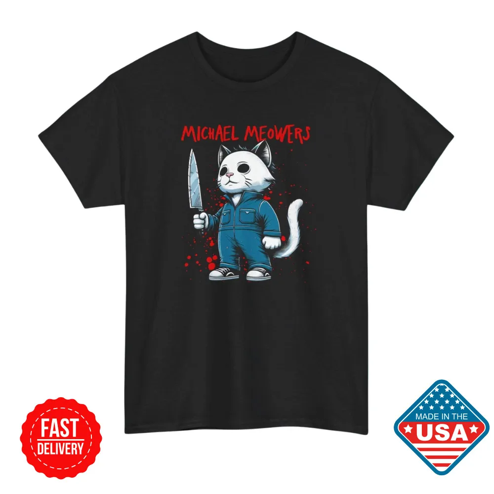 Michael Meowers Graphic T-Shirt - Horror Cat Knife Halloween Humor S-5XL Reprint