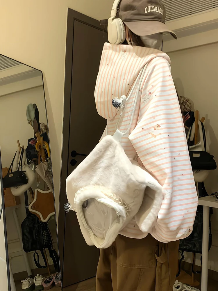 Amerikaanse Sle schattige kleine hond roze gestreepte hoodie dames lente herfst losse bijpassende bovenkleding casual comfortabel sweatshirt