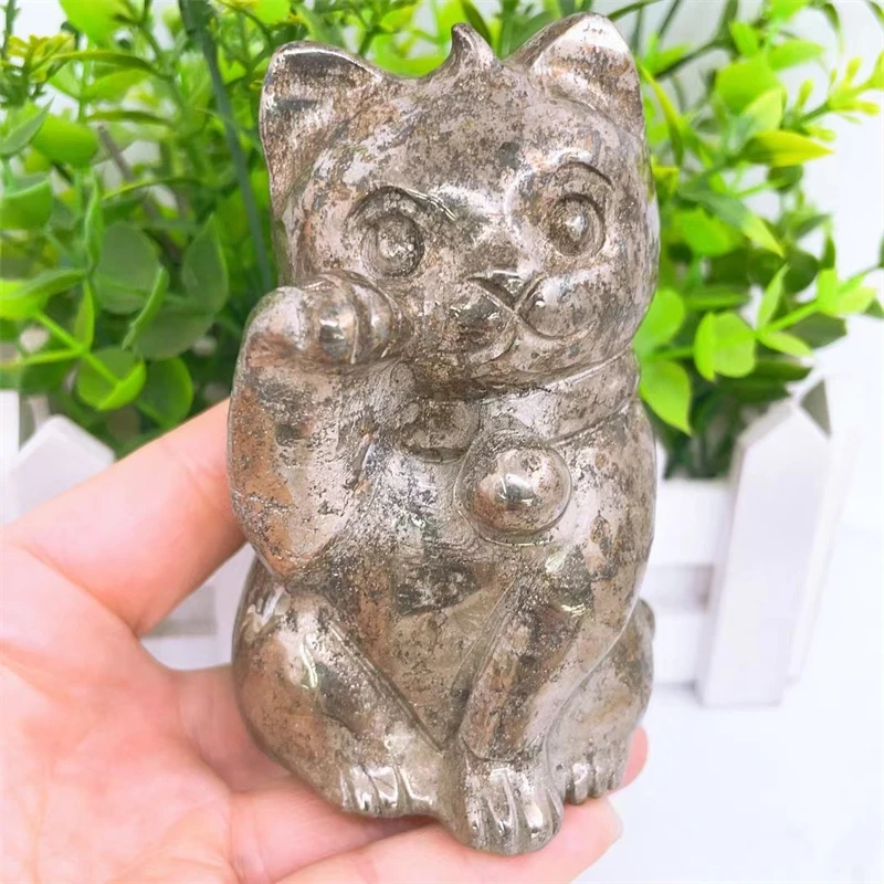 Natural Pyrite Fortune Cat Carving Carved Statue Animal Fashion Home Ornament Art Collectible Gift 1PCS