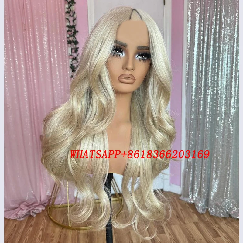 100% Human Hair Light Platinum Blonde Wavy Long 1x4 Size Middle V Part Wigs Adjustable Straps Glueless U Part Wigs with Clips