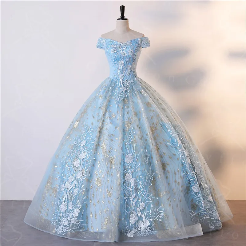 Off The Shoulder Pearls Blue Quinceanera Dresses Sweet Floral Lace Appliqued Luxury Ball Gown Classic Boho Vestidos For Girls