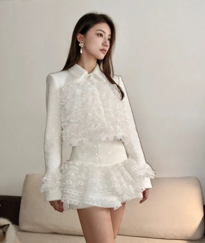 2024 Summer and Autumn New High Quality Women's Clothing Lotus leaf edge bead lace lace coat and skirt set 0722