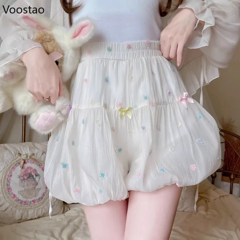 Sweet Lolita Style Shorts Women Japanese Harajuku Kawaii Multicolour Bow Embroidery Short Pants Girls Y2k Fairy Bloomers Shorts