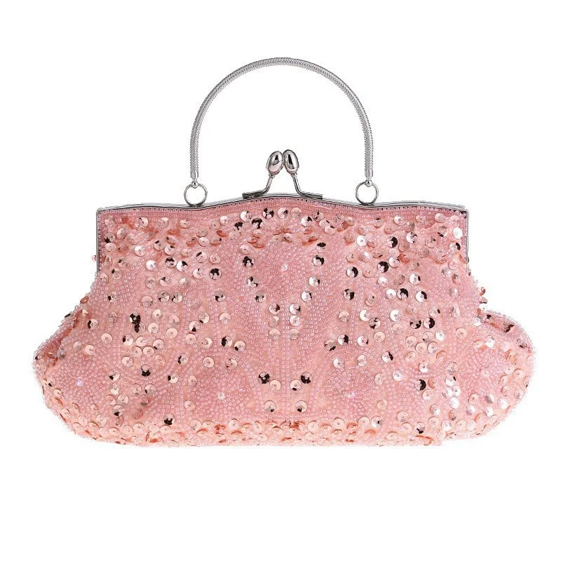 Vintage Embroidery Bag Retro Floral Beaded Sequin Evening Clutch Purple KissLock Handbag Women Formal Party Shoulder Purse