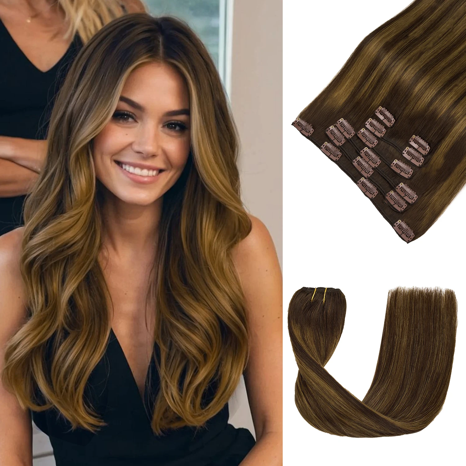 

Clip in Hair Extensions Real Human Hair Balayage Dark Brown Mixed Chestnut Brown Seamless Invisible Hair Extensions Clip ins