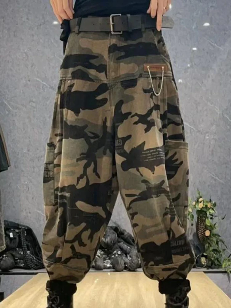 

Осень 2023, новые женские свободные винтажные джинсы с высокой талией до щиколотки, модные уличные камуфляжные хлопковые джинсовые шаровары