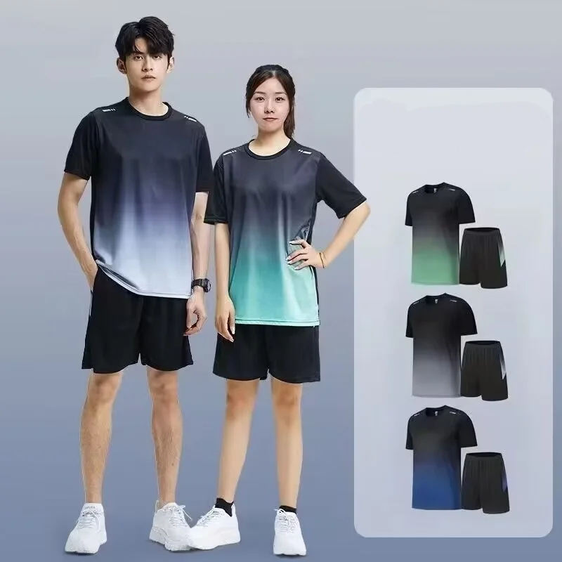 

Летний мужской быстросохнущий спортивный костюм с градиентом и короткими рукавами, женский модный спортивный костюм, пляжный костюм из двух частей