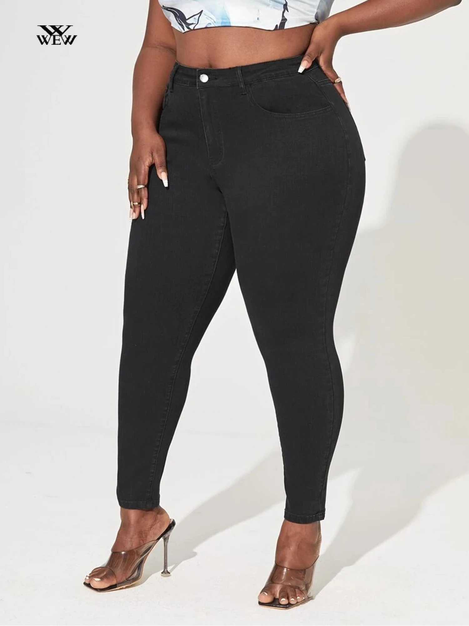 Pantalones vaqueros ajustados de cintura alta para mujer, leggings elásticos, lápiz curvo, Color negro, talla grande