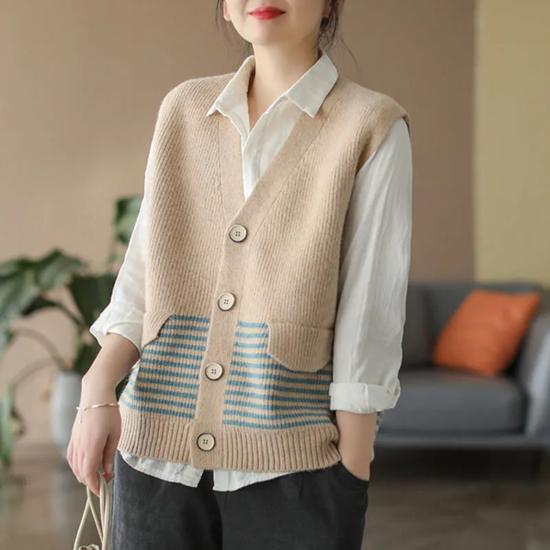 Korean Striped Knitted Sweater Vest Female Clothing Single-breasted 2023 Spring Autumn Casual Loose V-Neck Sleeveless Cardigan