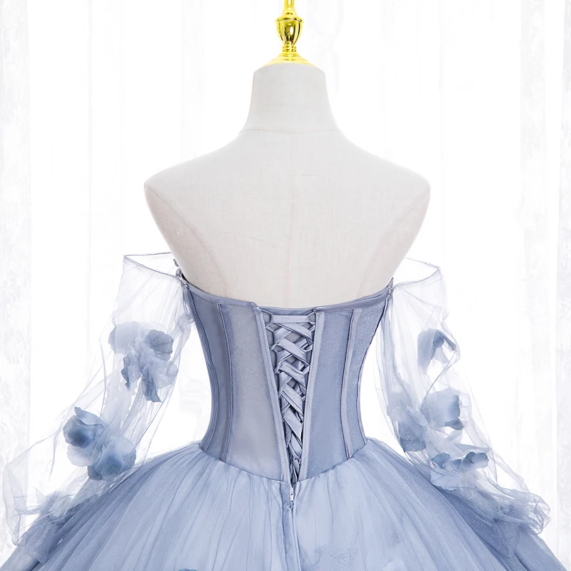 Robe de Quinceanera bleue avec appliques de fleurs en tulle, manches amovibles, robe de Rhsans bretelles, robe de soirée de Rhéducative, 15 ans, nouveau