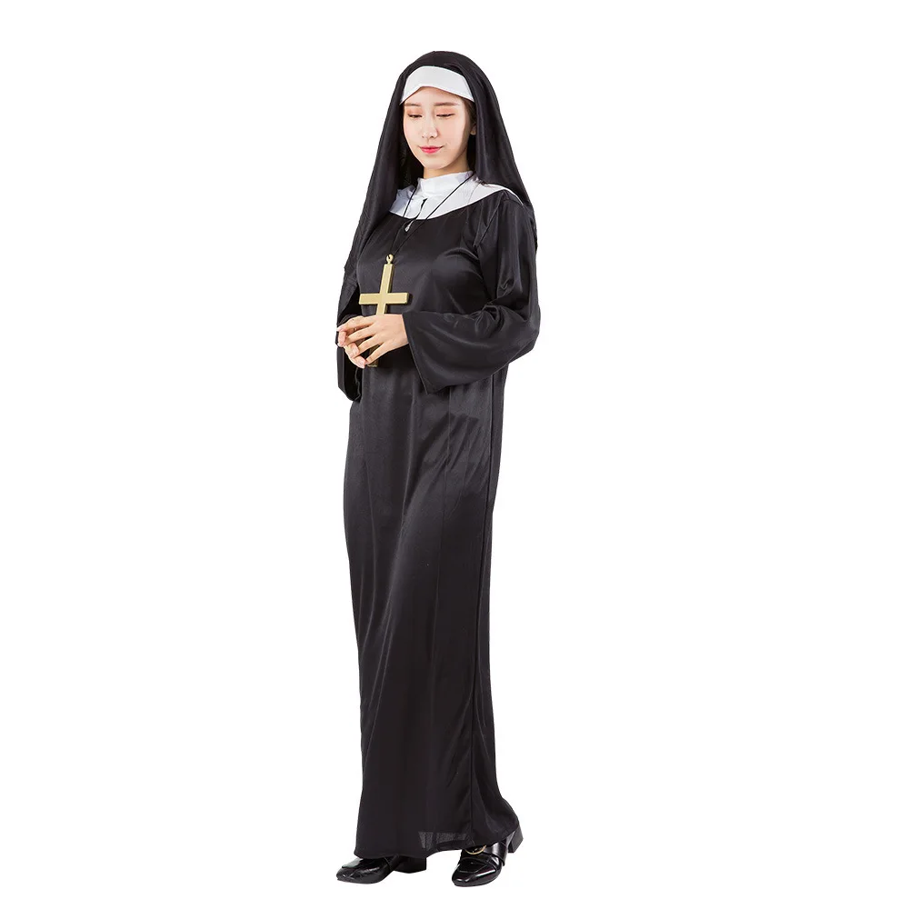 Adults Women Men Nun Virgin Mary Jesus Priest Cosplay Haloween Costumes with Cross Necklace Black Rope Outfit for Masquerade