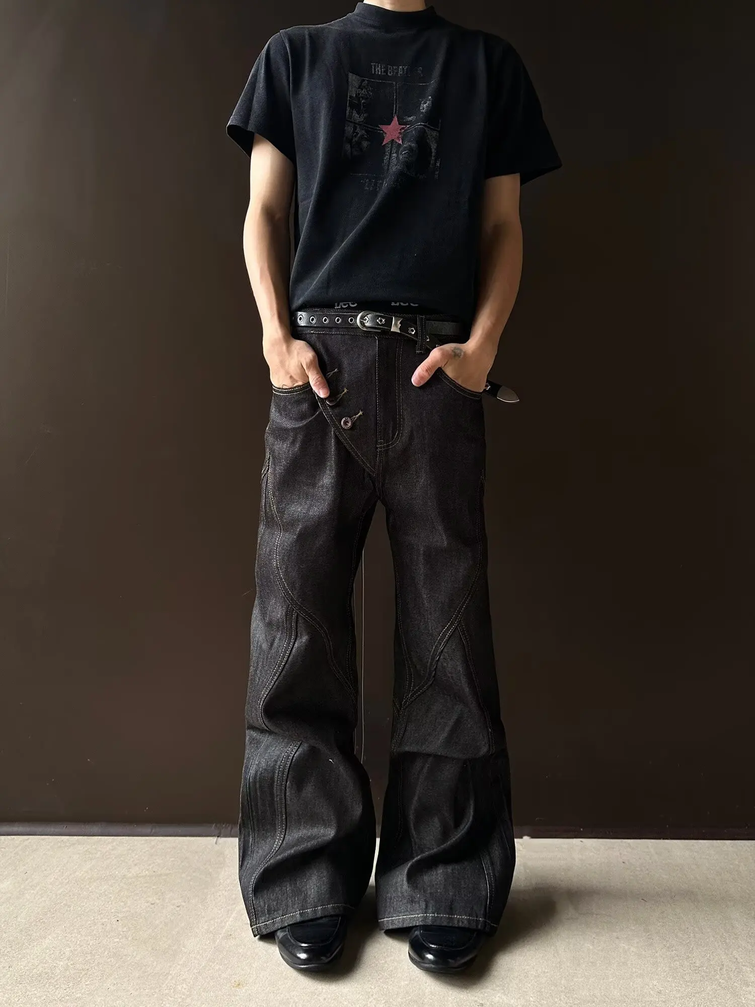 Men's Loose Straight Leg Jeans Deconstructed Side Button Original Cow Denim Men's Summer Trendy Brand Micro Flare Difference Jea