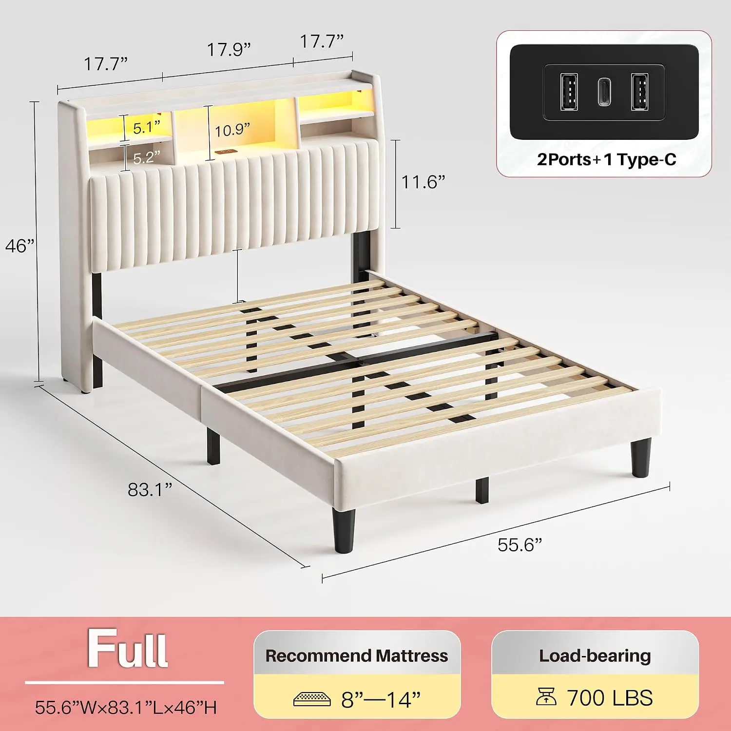 Velvet Upholstered Full Bed Frame With Headboard & Charging Station, Customized