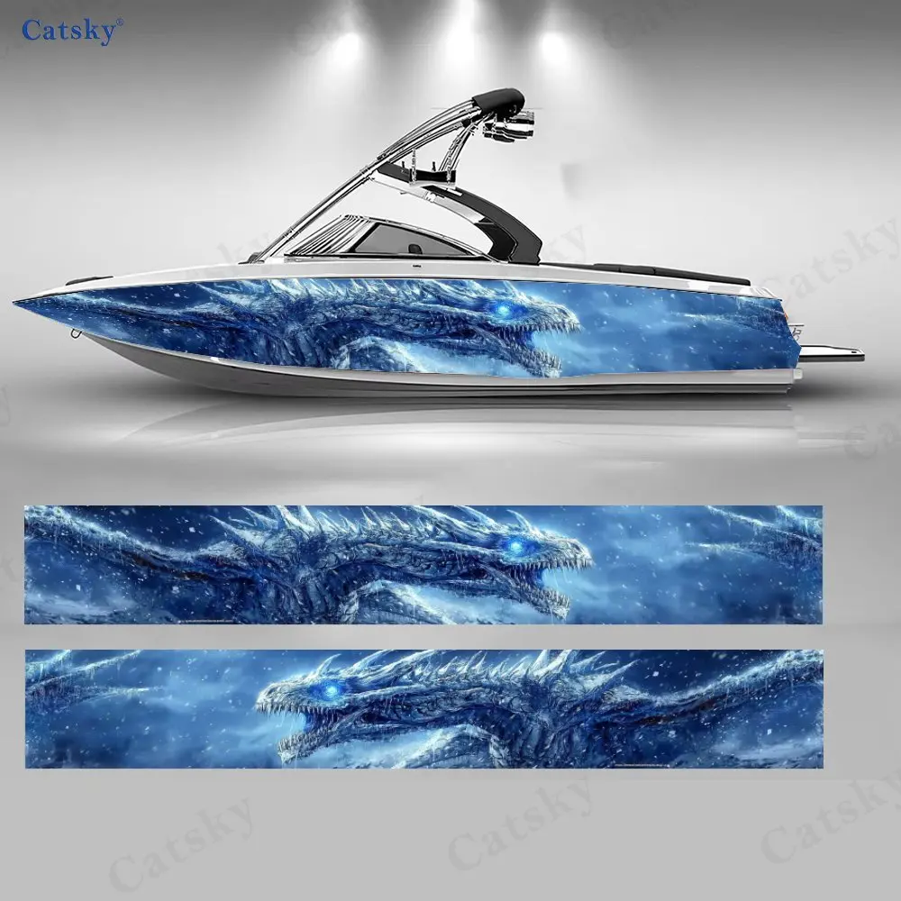 

2 шт. графических наклеек для экстерьера лодки, дизайн «Ледяной дракон» синего цвета, реалистичный водонепроницаемый материал, идеально подходят для скоростных и спортивных лодок.