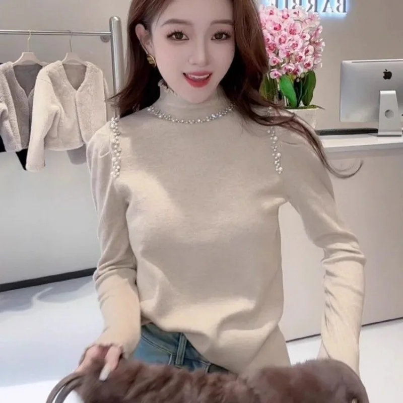 

Женская нижняя рубашка с полуводолазкой и жемчугом, осенне-зимний облегающий свитер с серьгами