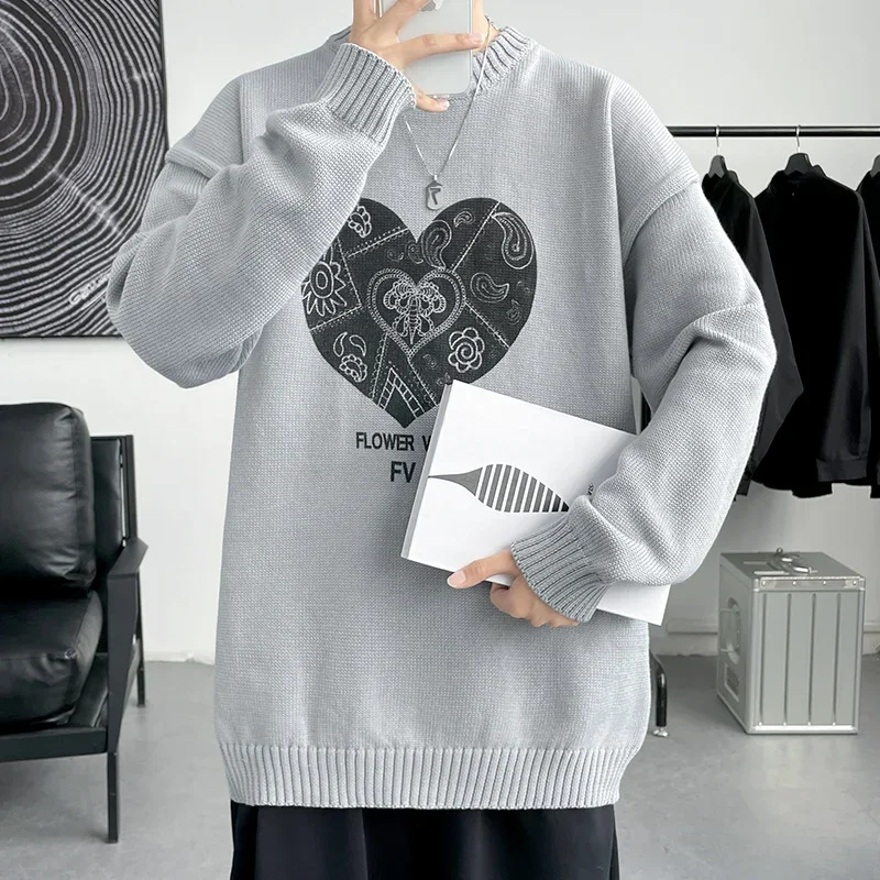 Korean Heart Embroidery Pullover Sweater Men Autumn Streetwear Casual Loose Knitted Sweater Fashion Men Warm Sweatshirt Jumper