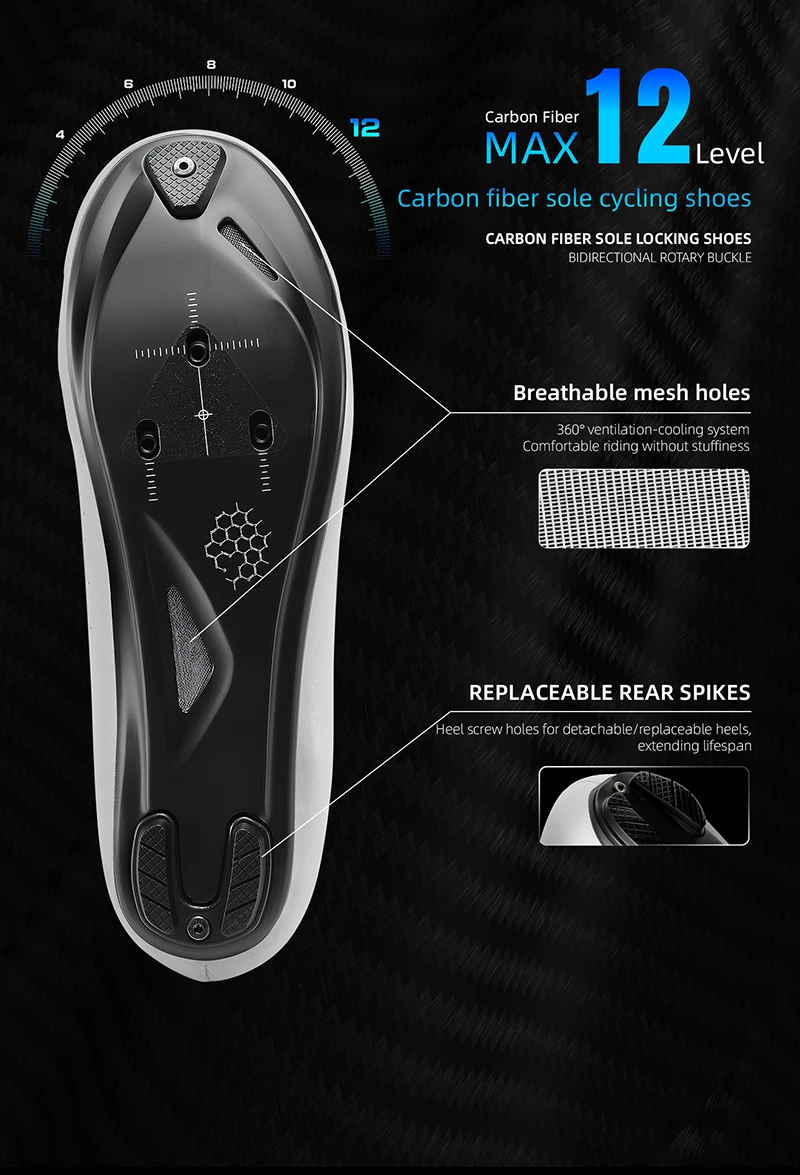 WEST BIKING Rennradschuhe für Herren, Carbonfaser-Sohle, selbstsichernde Fahrradschuhe, Dual-Drehknopf, atmungsaktive Rennsneaker, Fußbekleidung – Detail 7