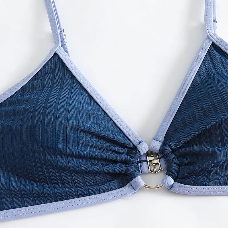 섹시한 블루 패치워크 비키니 세트 투피스 끈 메탈 링 수영복 비치웨어 비키니 탱키니