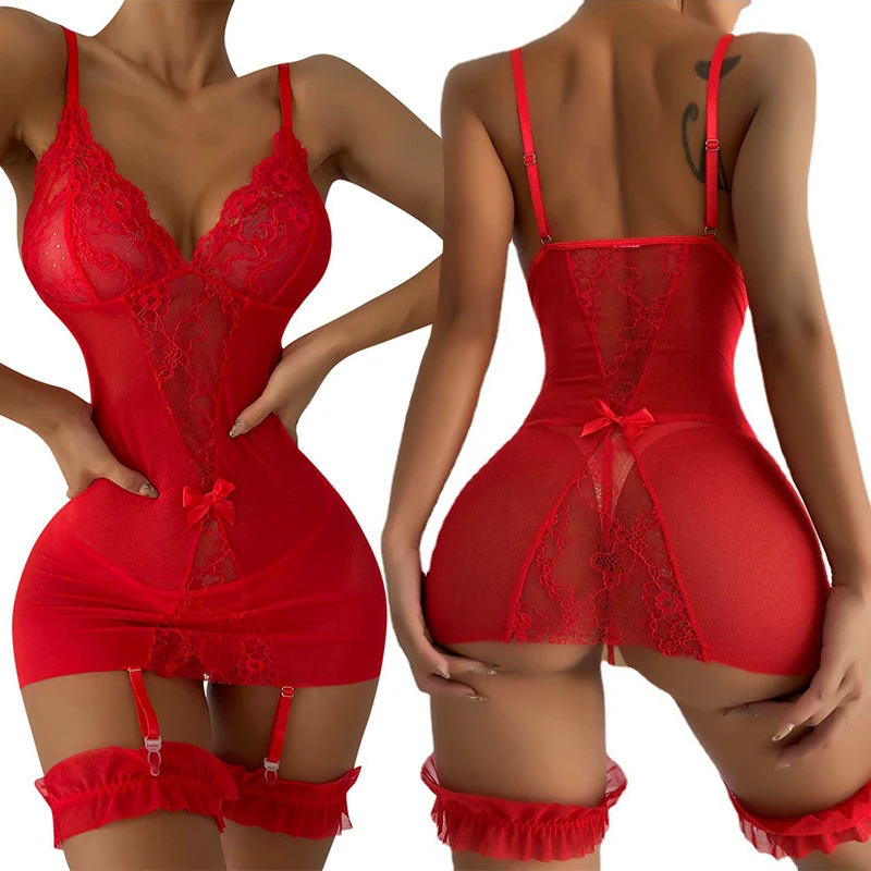 Porn Underwear For Woman Red Mesh Transparent Bra Garters + Brief Set Sexy Crotchless Baby Doll Dress Deep V Erotic Lingerie Set