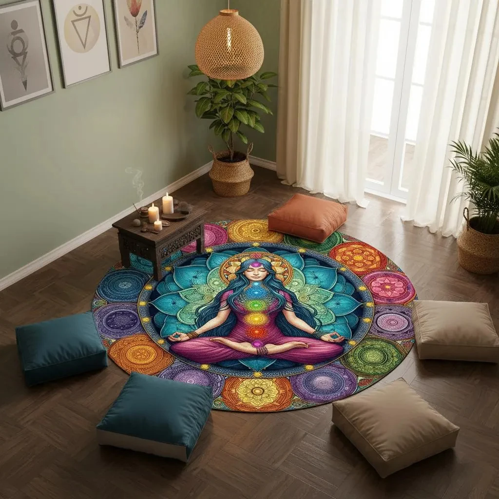 1pc Meditation on Female Chakra Energy Round Rug, Non-slip Floor Mat for Living Room, Bedroom, Bathroom, Holiday Home Decoration