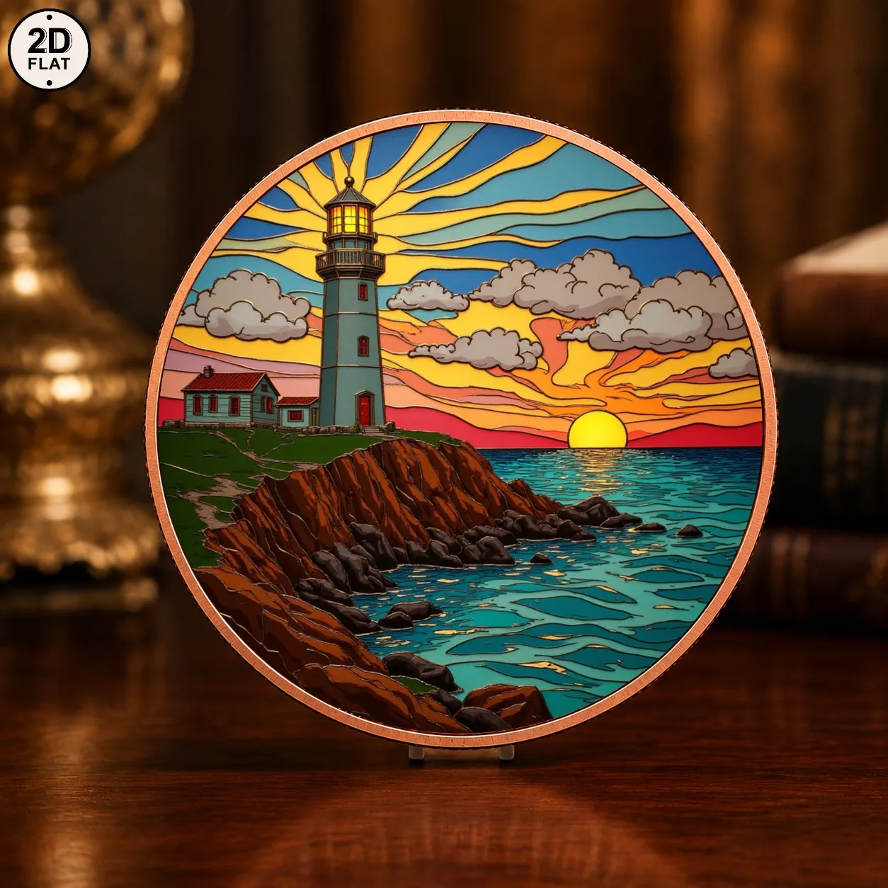 1pc 1oz .999 Fine Copper Lighthouse Sunset Challenge Coin Ocean Cliff Scenery Collectible Medal Nautical Gift for Sea Art Lovers