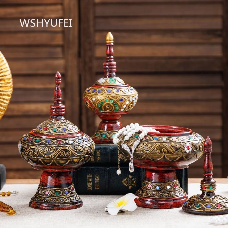 Vintage Handcrafted Wooden Buddhist Stupa with Gemstone Inlays Spiritual Chorten for Home Altar and Meditation Room Decor