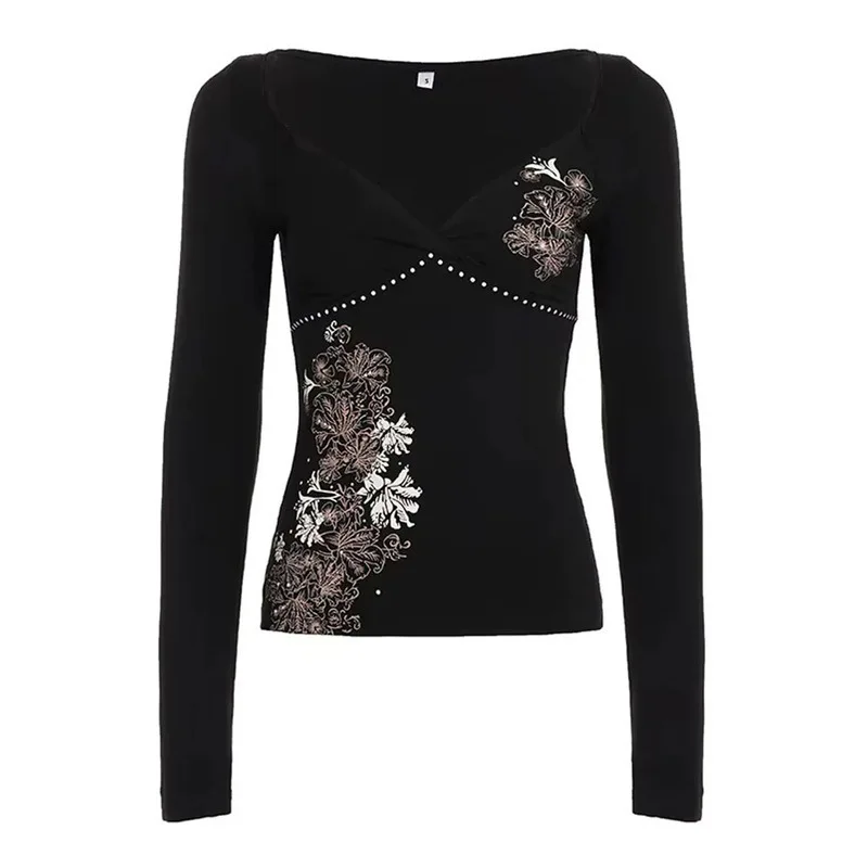 Autumn Harajuku Temperament Commuting Deep V-neck Sexy Slim Fit T-shirt Individuality Retro Floral Print Long Sleeved T-shirt