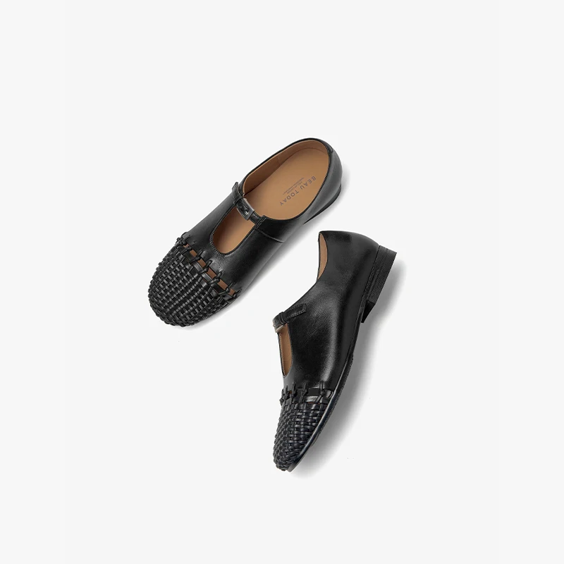 BEAUTODAY Mary Janes Women Sheepskin Leather Buckle Strap Weave Hollow Solid Color Retro Ladies Flat Shoes Handmade 24097