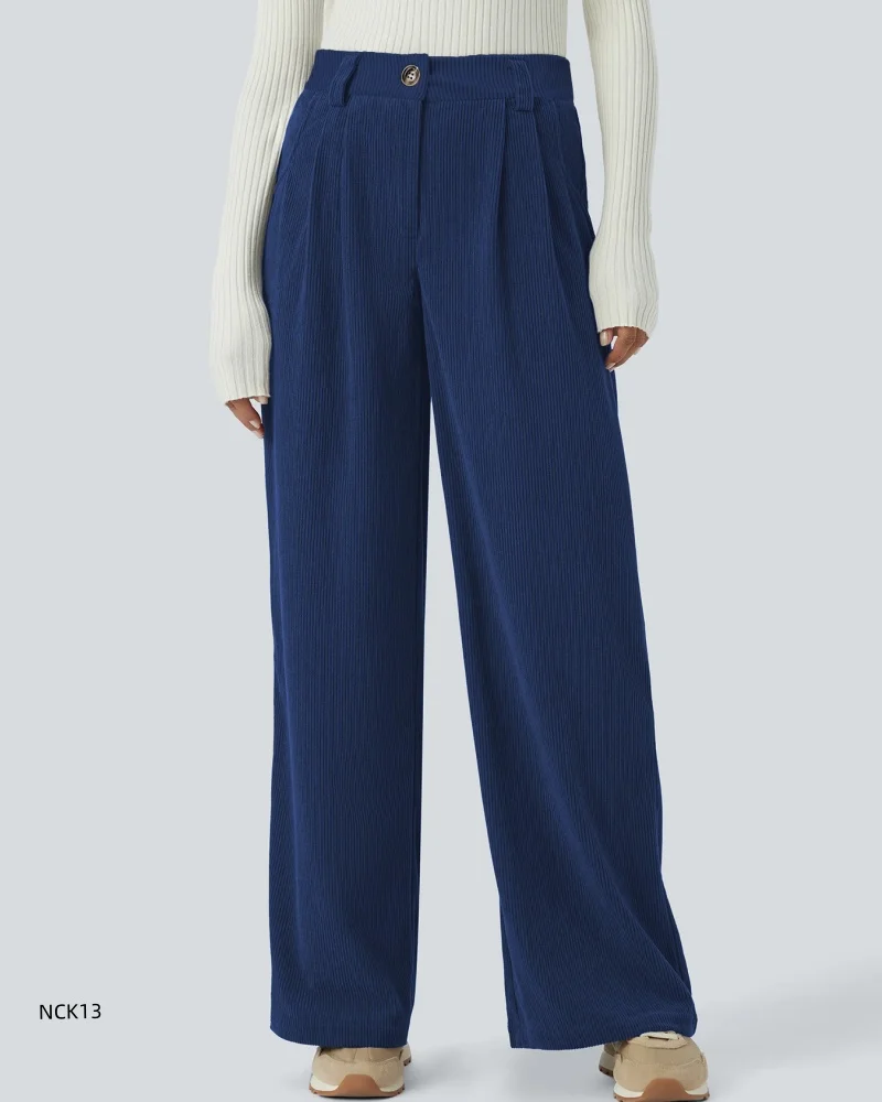 Corduroy broek met hoge taille voor dames Herfst Winter Ontspannen broek met rechte pijpen High Street Wijde pijpen Dikke warme broek met losse knopen