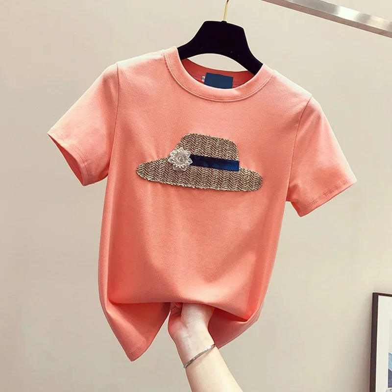 2023 Summer Women Cotton Tshirt Ladies Pattern Tee Shirts Comfortable Round Neck White Female Tops