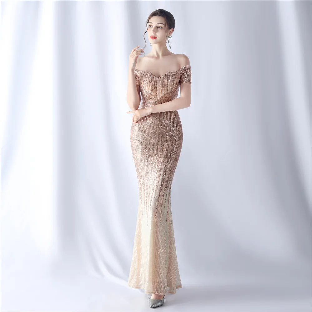 Sladuo Evening Fashion Maxi Dress For Women  Elegant Sequin Sexy Off Shoulder Short Sleeve Celebrity Night Club Party Dresses