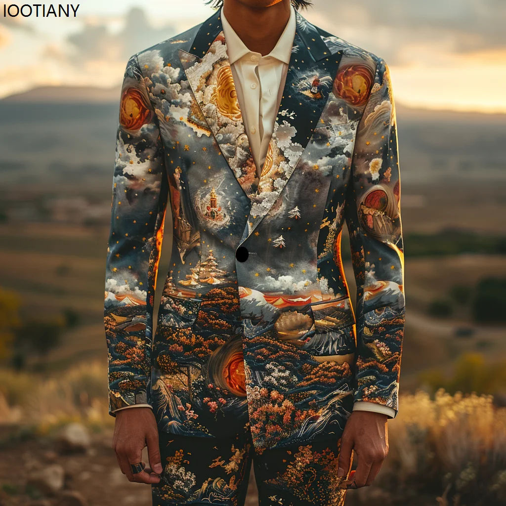 Colorful Landscape Jungle Print Suit Jacket Pants Men Landscape Painting Casual Suits Holiday Dress Business Casual Banquet Suit