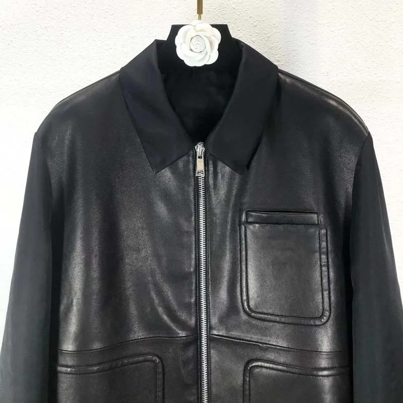 Men Coat Spring 2023 New Fashion Short Length Genuine Leather Jacket Splice Nylon Big Pocket Decoration Casual Style