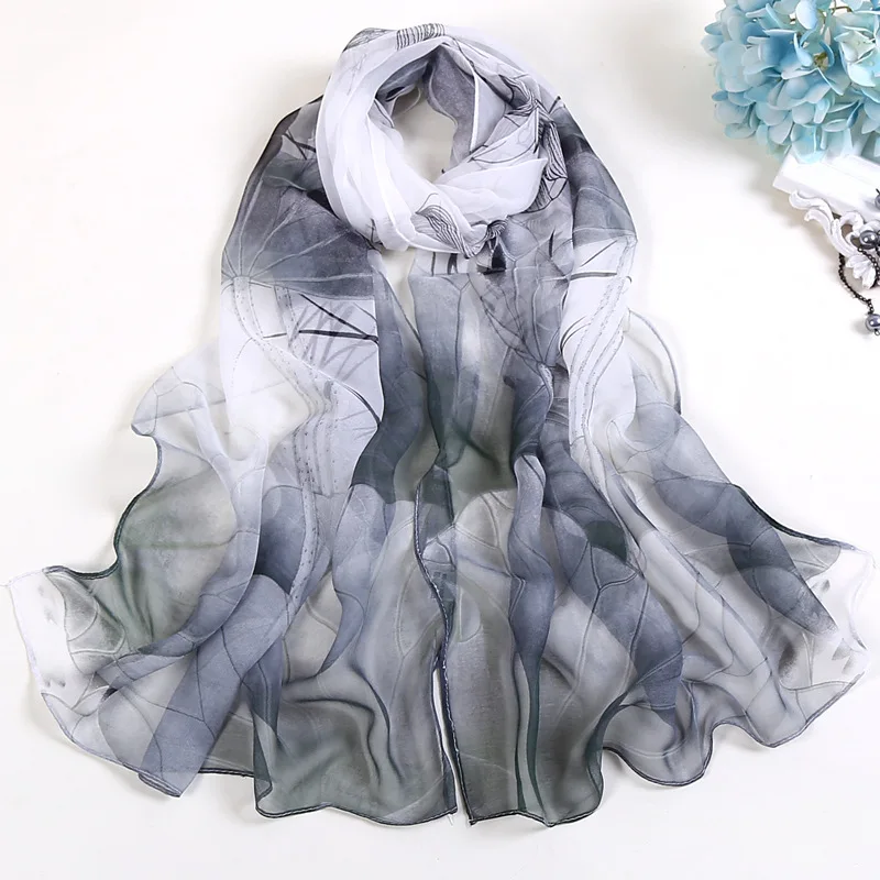 Lenço chiffon com folha de lótus e flor design para as mulheres, longo xale chiffon, elegante hijab para a praia, verão
