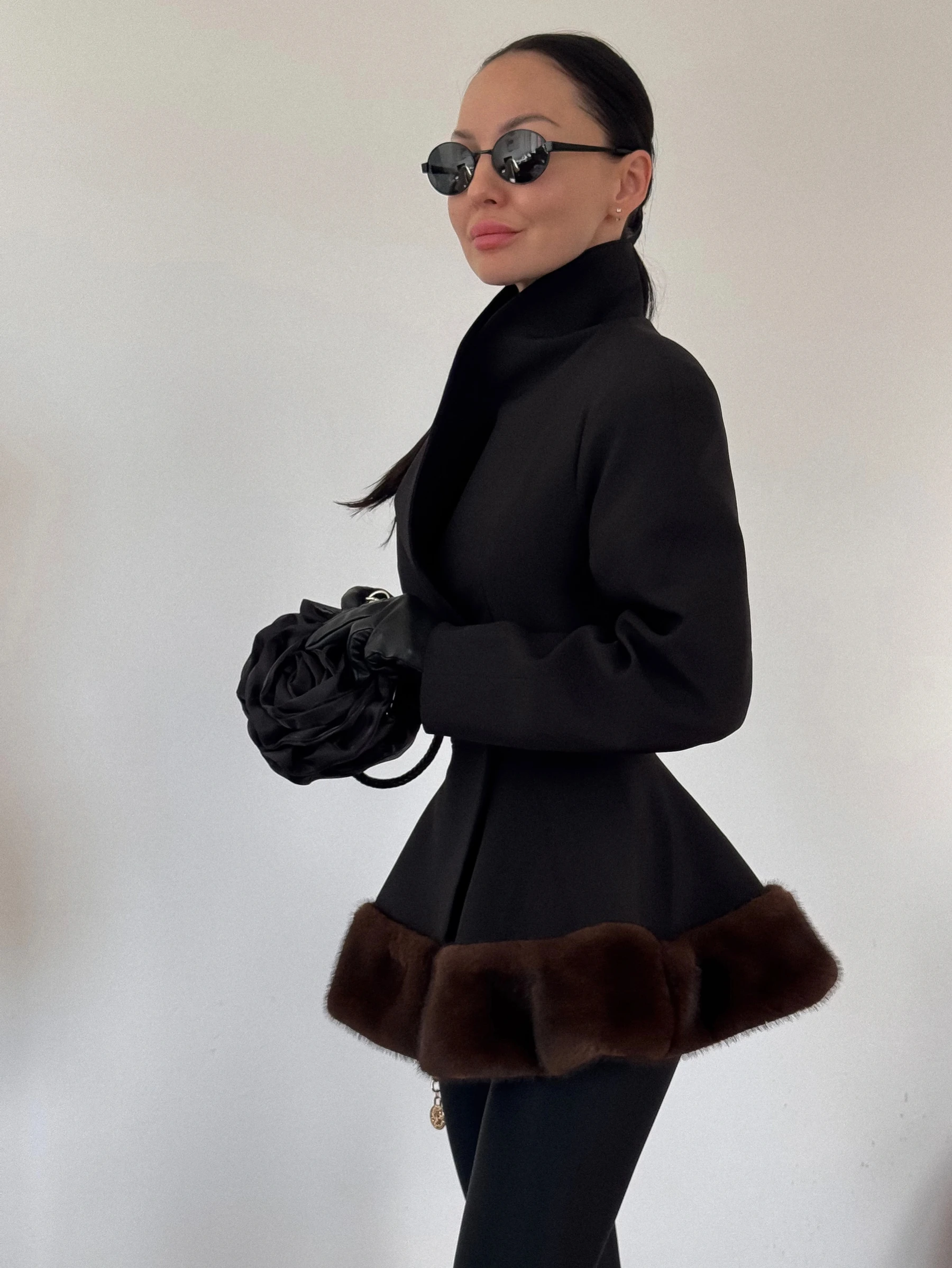 DFDG Women High Neck Fitted Peplum Short Coat Faux Fur Hem Trim Asymmetric Wrap Elegant Winter Warm Street Date Night Coat