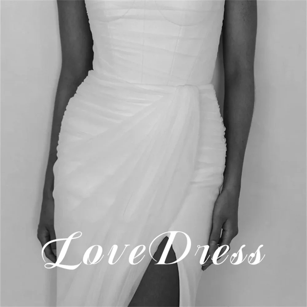 Love Elegant Strapless Tulle Mermaid Pleating Sleeveless Wedding Dresses Sexy High Side Slit Backless Floor Length Bridal Gowns