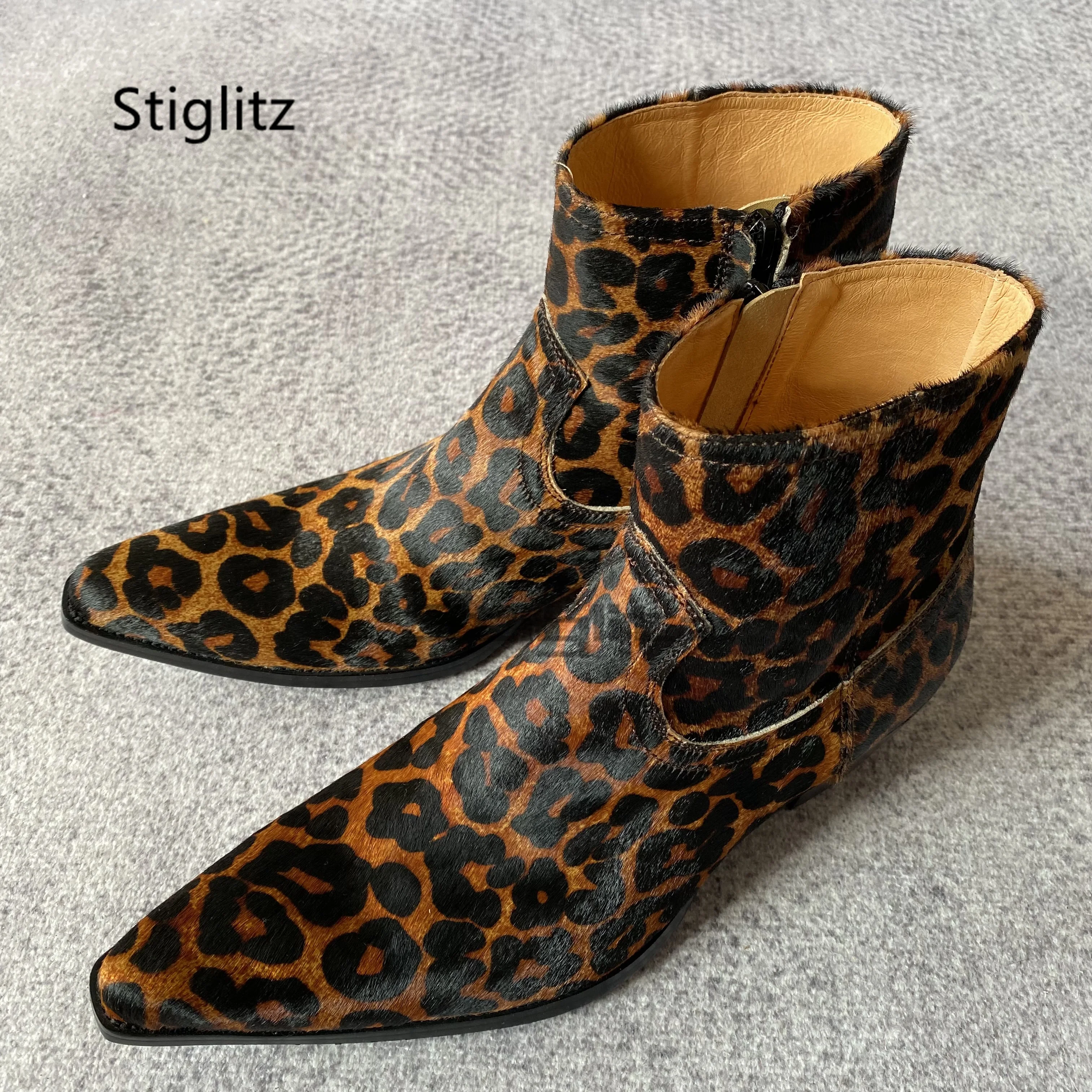 Men's Leopard-Print Horsehair Boots Pointed Toe Zipper High Top Ankle Boots Casual Runway Party Catwalk Shoes Autumn Winter New