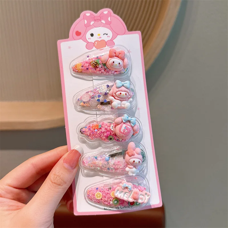 5Pcs Sanrio Kuromi Cinnamoroll Girls Hairpin Kawaii Babies Hair Clip My Melody Princess quicksand Babies Clips Girl Accessories