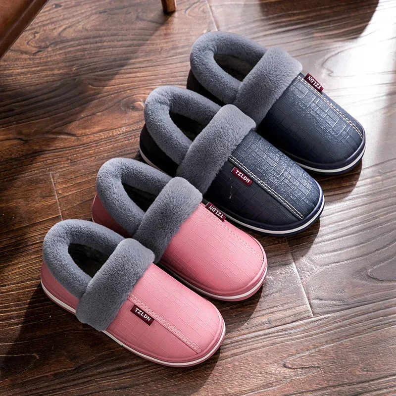 Big Size 50 51 Men Women Slippers Winter Warm Pu Leather Waterproof Slides Home Bedroom Casual Plush Shoes Non Slip Indoor Flats