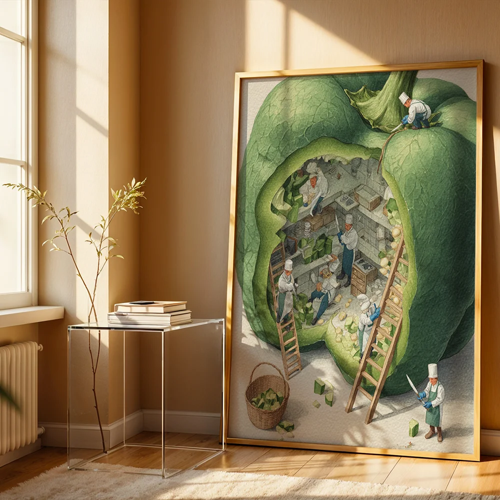 Vintage Mini Chefs Inside Giant Green Pepper Canvas Wall Decor Picture, 2D Printed Poster Wall Art