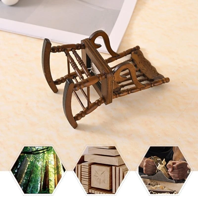 Pequeña mecedora madera Modelo figuras Decoración casas muñecas Decoración escena 1/12 Muebles en miniatura