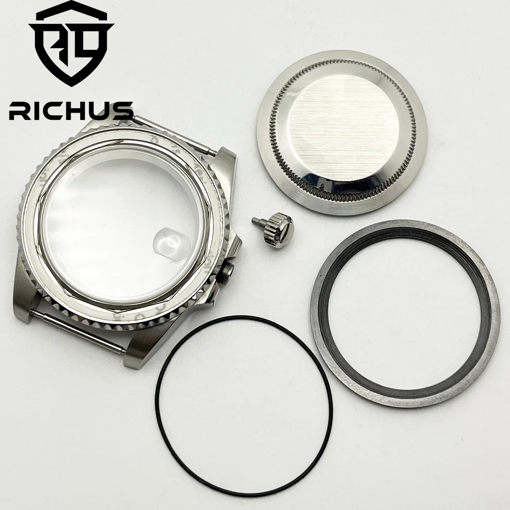 RICHUS 40mm cassa dell'orologio in vetro zaffiro argento adatta NH35 NH36 NH34 ETA2824 2836 PT5000 Miyota8205 8215 Mingzhu DG2813 3804 movimento