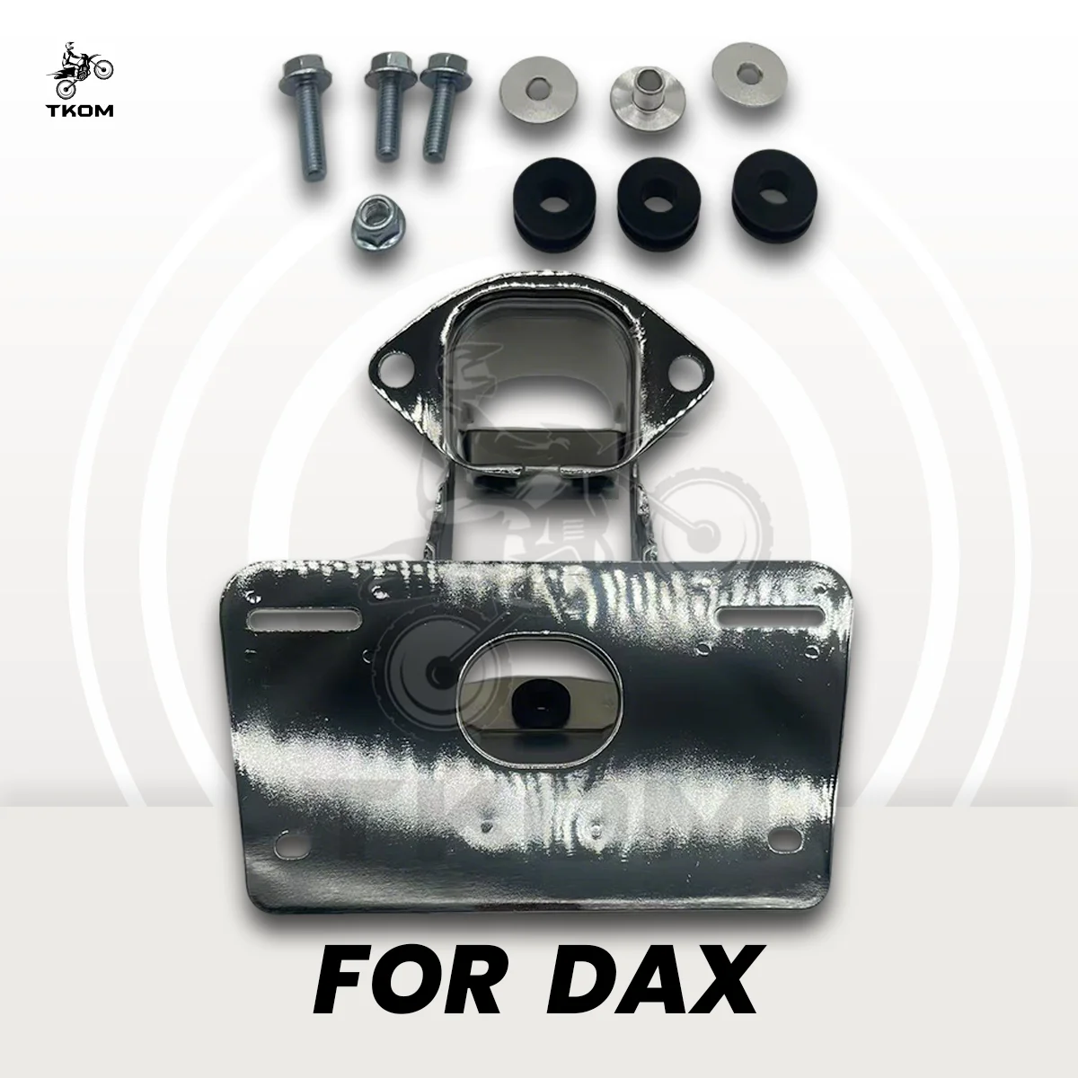 Soporte de matrícula cromado DAX con kit completo de accesorios incluido para luces de motor y matrícula DAX CT70 K1/K3
