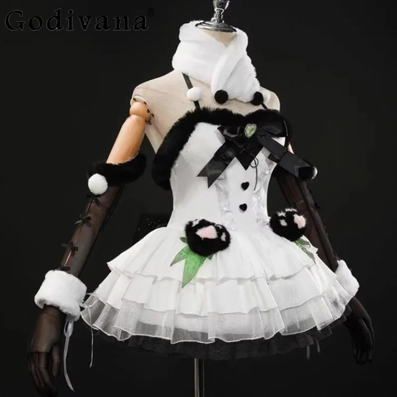 أبيض وأسود كتلة اللون تأثيري حلي المرأة هالوين القوطية مهرج فستان مجموعة أنثى الكرتون أنيمي كوس فستان الزي
